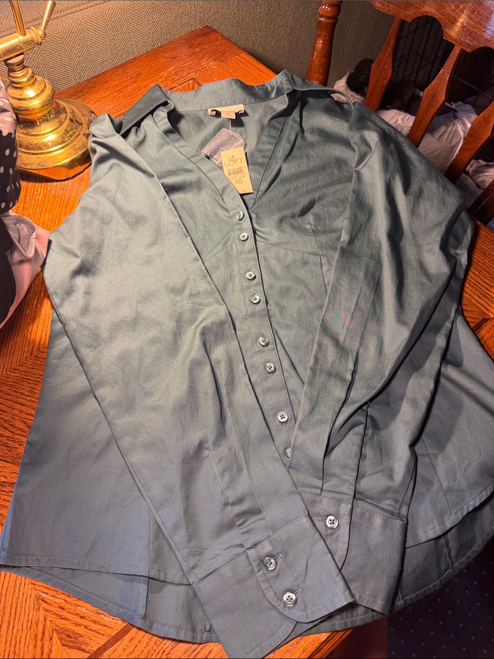LOFT Satin Button-Front Blouse in Teal Blue